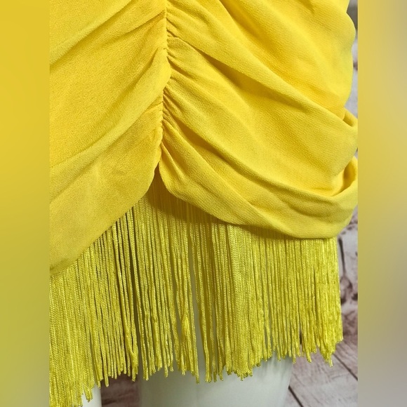 Forever 21 BELEARIC BEACH L Halter Ruched Fringe Trim Yellow Minidress Large - Picture 12 of 14